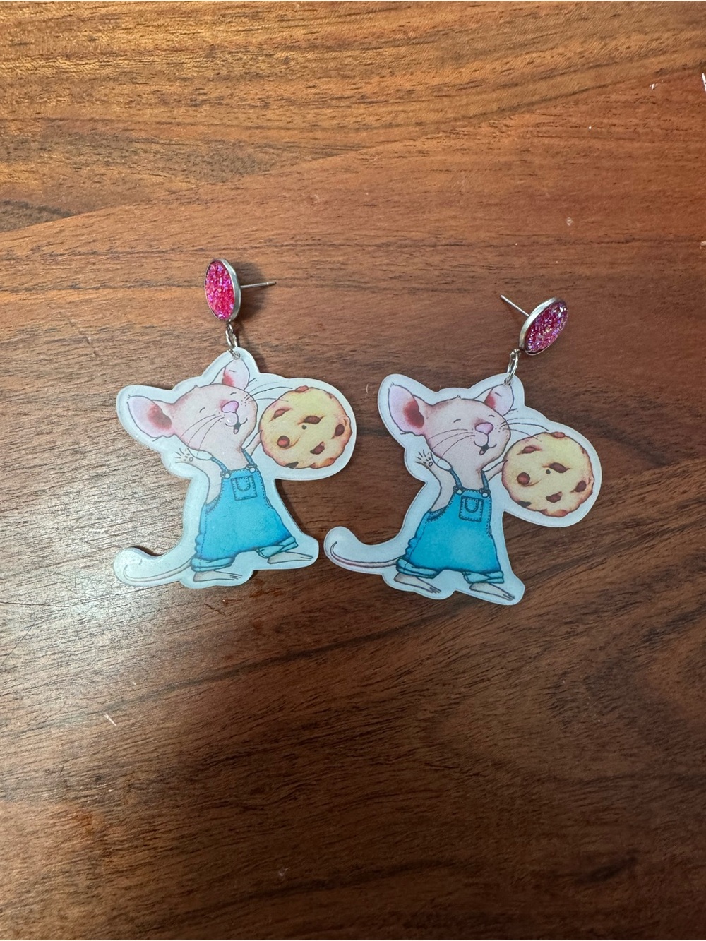 Pink Mouse Cookie Drop Earrings for Kids